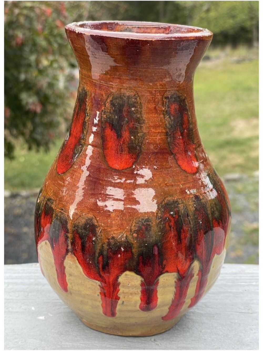 RETRO 20th C. Vintage Retro Studio Art Pottery Flambe Red Lava Drip Glaze Vase